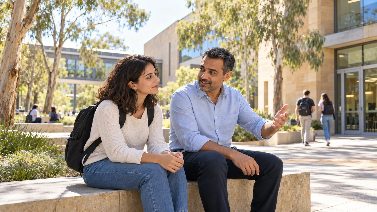 Una studentessa parla con un consulente nel cortile soleggiato di un campus australiano.
