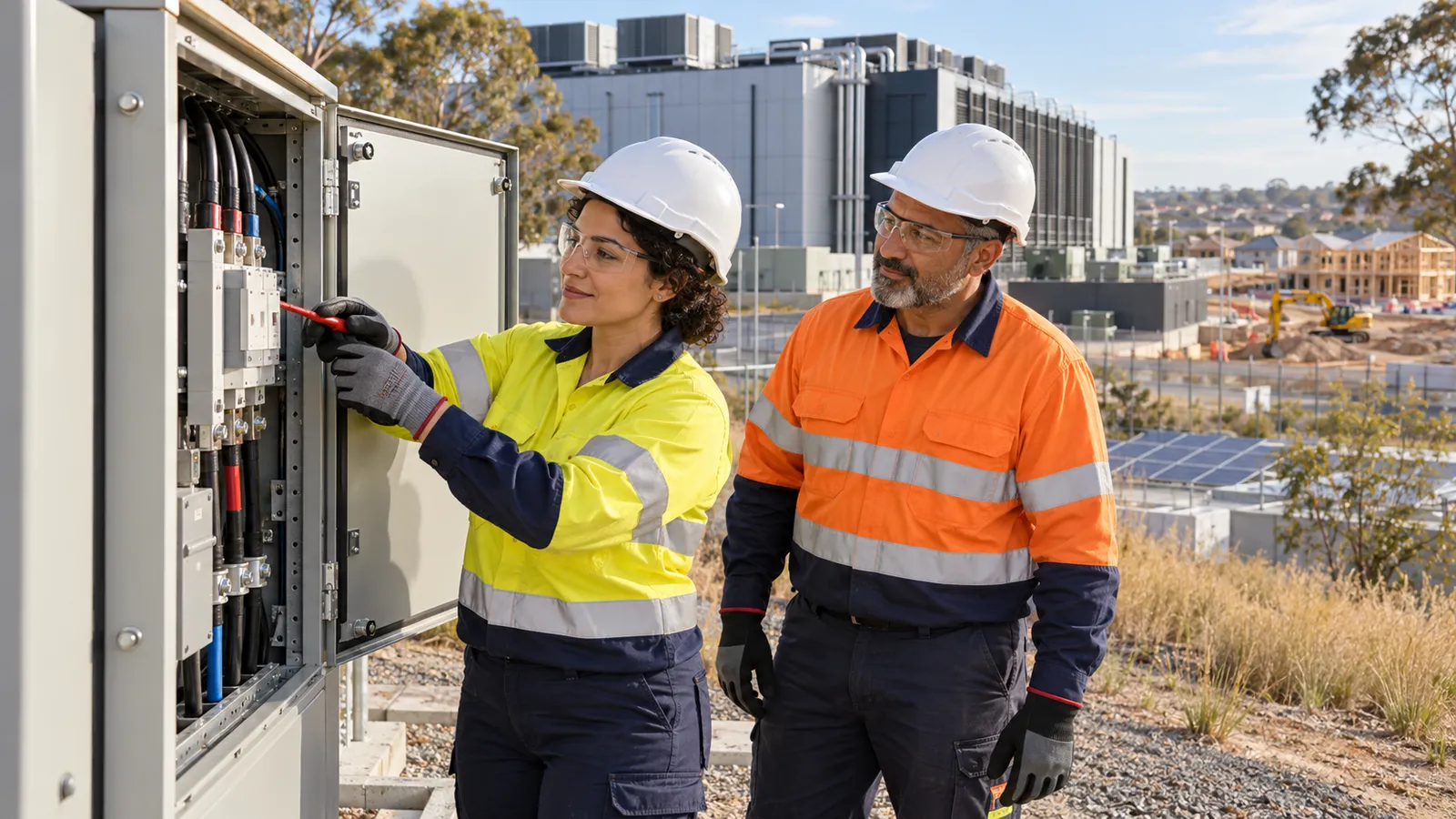 Due elettricisti controllano un quadro elettrico in un cantiere australiano, tra data center e pannelli solari.